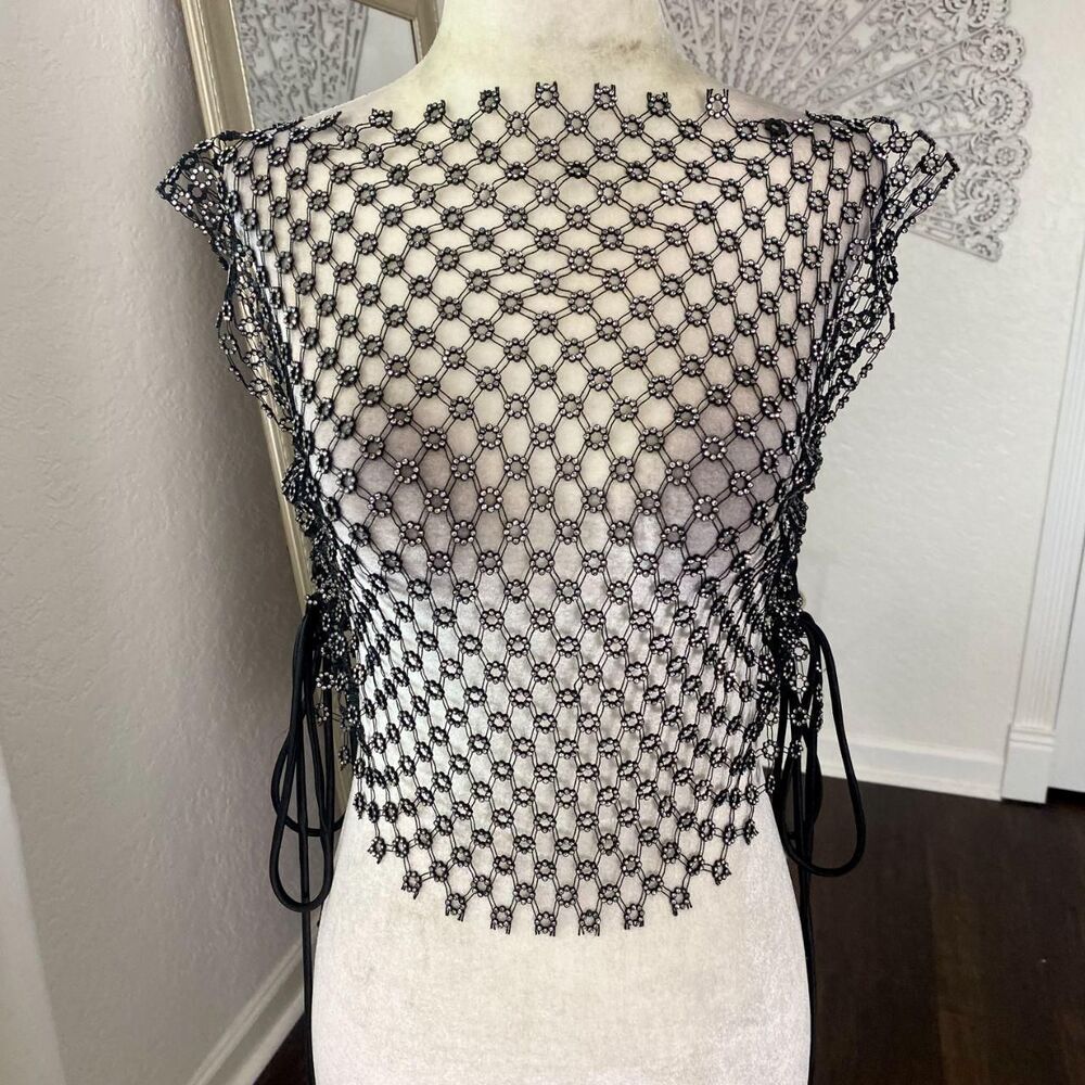 Black Silver Early 2000's See Through Rhinestone Fishnet Top OS / S / XS - Picture 8 of 8
